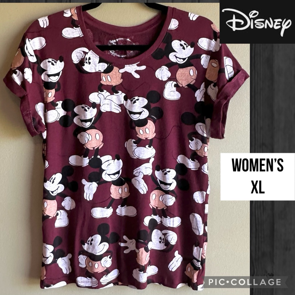 Disney Shirt Womens T-Shirt Micky Mouse Short Rolled Sleeve Maroon Round Neck Xl